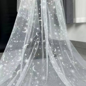 1Yard Glitter Star&Moon Tulle Fabric,Sparkle Tulle Fabric with Shimmer,Bridal Veil,Bridal Dress Fabric,Galaxy Mesh Fabric for Bride Dress