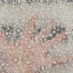 Heavy Bead Pearls Lace Fabric,3Style Beads Embroidery on Hollow out Lace Fabric,Bridal Wedding Dress,Prom Dress,French Chantilly Lace Fabric