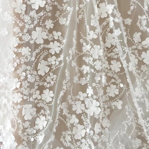 1 Yard 3D Flower Beaded Lace Fabric,White Pearl Wedding Dress,Off White Flower Embroidery Bridal Wedding Dress Lace,Floral Lace Fabric