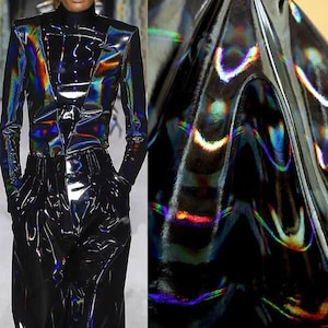 Tela de cuero artificial negro iridiscente con elasticidad en 4 direcciones, tela de cuero sintético holográfico, para disfraces, ropa informal, chaquetas y manualidades teatrales.