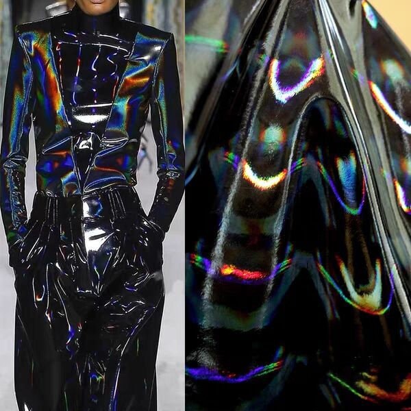 4-Way Stretch Iridescent Black Artificial Leather Fabric,Holographic Faux Leather Fabric,Costumes,Casual Wear,Jackets,TheaterCrafts