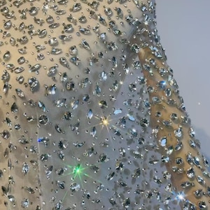 Crystal Silver Rhinestone Fabric,Ombre Pattern of 3D Mix Shape Rhinestone,Heavy Bead Glass Diamond Lace for Prom Party Evening Bridal Dress