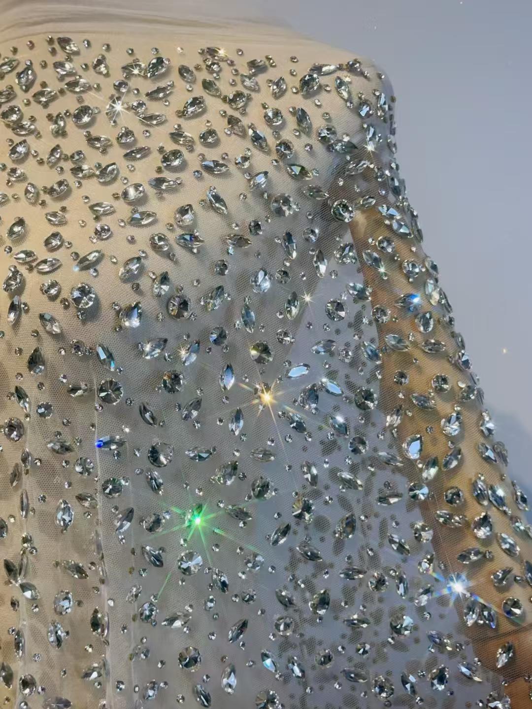 Crystal Silver Rhinestone Fabric,Ombre Pattern of 3D Mix Shape Rhinestone,Heavy Bead Glass Diamond Lace for Prom Party Evening Bridal Dress