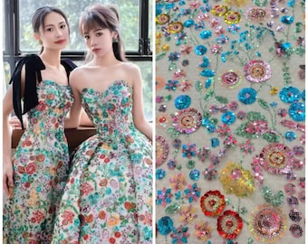 1Yard 3D Floral Sequin Bead Fabric,3D Flower Dress Fabric,Embroidery Mesh Bead Fabric,Prom Dress Fabric,Vintage Wedding Dress Sequin Lace
