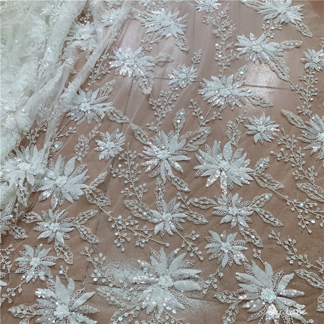 1 Yard 3D Flower Beads Lace Fabric,0ff-white Sequins Wedding Dress Lace ...