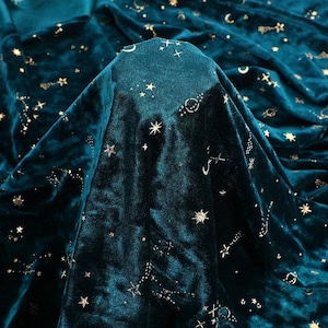 4Way Stretch Navy Starry Sky Velvet Fabric,Blue Soft Smooth Silk Diamond Velvet with Gold Star Moon Meteor,Velvet Pajamas,Jacket,Curtain image 5