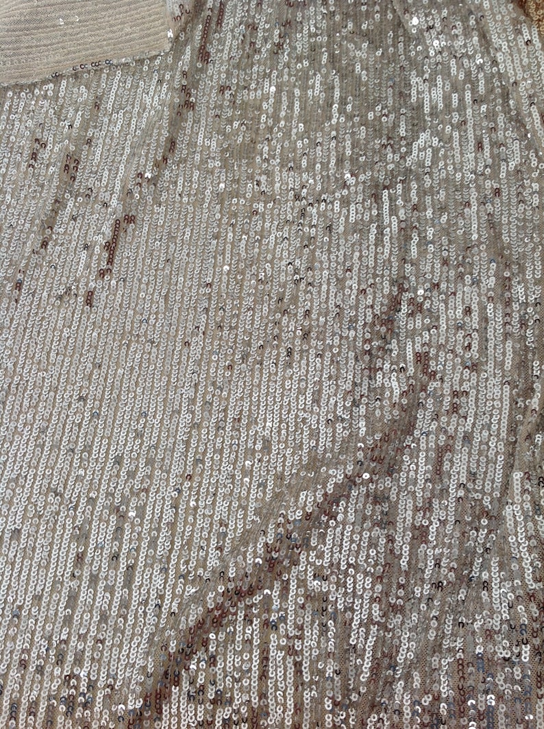May include: A close-up of a fabric with a silver sequin pattern. The sequins are arranged in rows and are slightly iridescent.