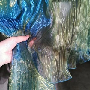1Yard Gradient Yellow Blue Pleated Organza Fabric,Iridescent Ombre Gauze with 2Sides Overlocking,Ruched Mermaid Bridal Wedding Dress Fabric