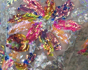 1 Yard 3D Floral Sequin Fabric,Mix Colors Flower Dress Fabric,Colorful Embroidery Mesh Sequin Fabric,Prom Dress,Holographic Sequin Fabric