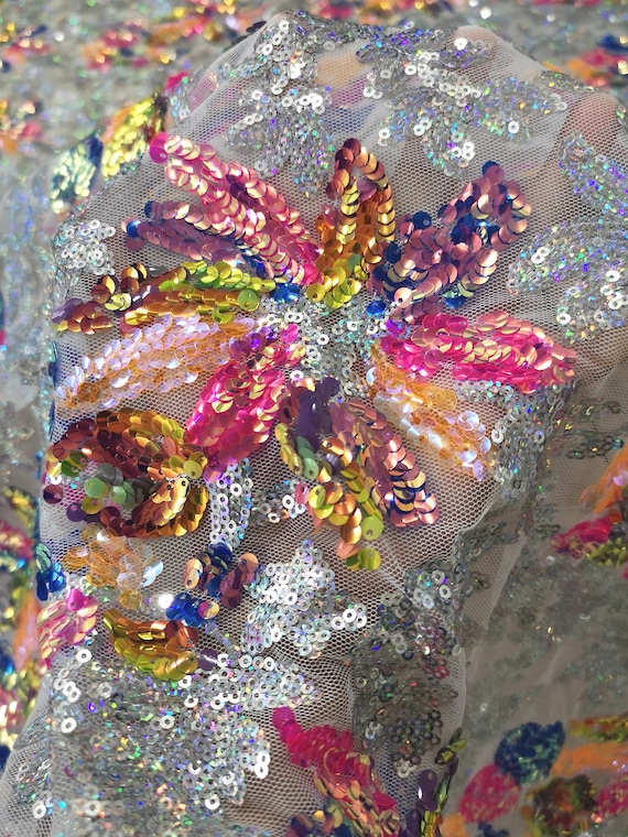 1 Yard 3D Floral Sequin Fabric,mix Colors Flower Dress 1 Yard 3D Floral Sequin Fabric,mix Colors Flower Dress