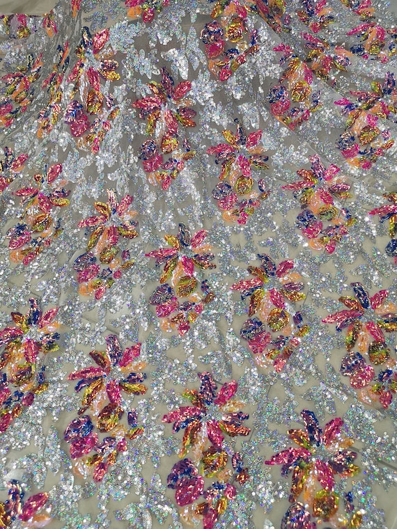 1 Yard 3D Floral Sequin Fabric,Mix Colors Flower Dress Fabric