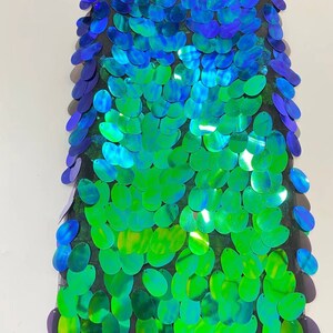 May include: A piece of iridescent green and blue fabric with oval sequins sewn onto a black mesh backing.