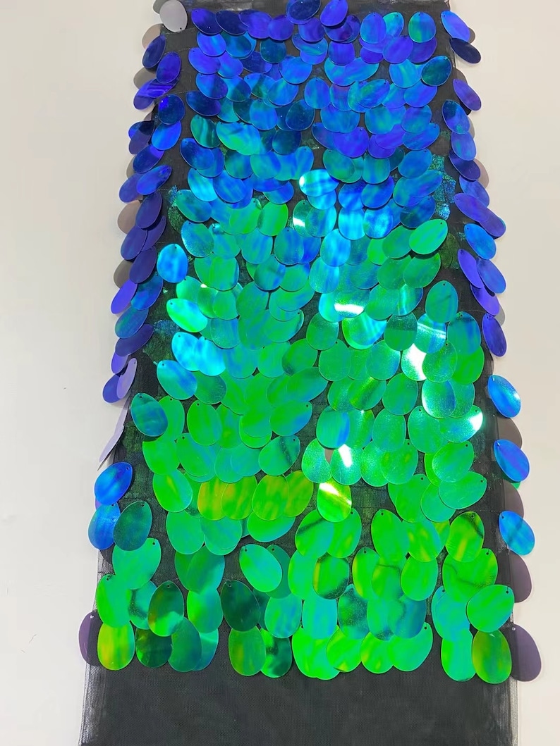 May include: A piece of iridescent green and blue fabric with oval sequins sewn onto a black mesh backing.