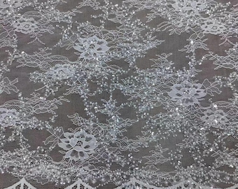 Bead Pearl Eyelash Flower Lace Fabric,Embroidery Bead Sequin Hollow out Lace,Bridal Dress Gown,Elegant French Chantilly Lace