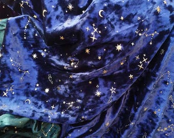 4Way Stretch Navy Starry Sky Velvet Fabric,Blue Soft Smooth Silk Diamond Velvet with Gold Star Moon Meteor,Velvet Pajamas,Jacket,Curtain