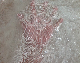 Tissu dentelle perlée blanc cassé de très haute qualité, légèrement extensible dans les 2 sens, robe de mariée, robe de mariée, dentelle française, tissu haute couture,