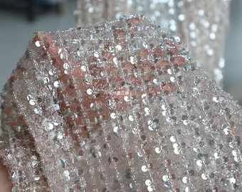 Light Nude Pink Square Bead Lace Fabric,Crystal Sequin Bead Embroidery in Hollow Out Mesh,Sparkle Beads Lace for Bridal Prom Party Dress