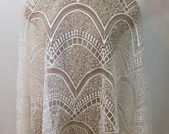 1 Yard Off- White Beaded Sequin Lace Fabric,High Quality Ivory Bridal Beaded Dress,Wedding Dress ,French Lace Fabric, Houte Couture Fabric,