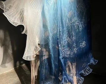 1Yard Gradient Pleated Holographic Organza Fabric,Ombre Rainbow Gauze with 2Side Overlocking,Wave Skirt Dress,Crinkle Ruff Lace,DIY Supplies