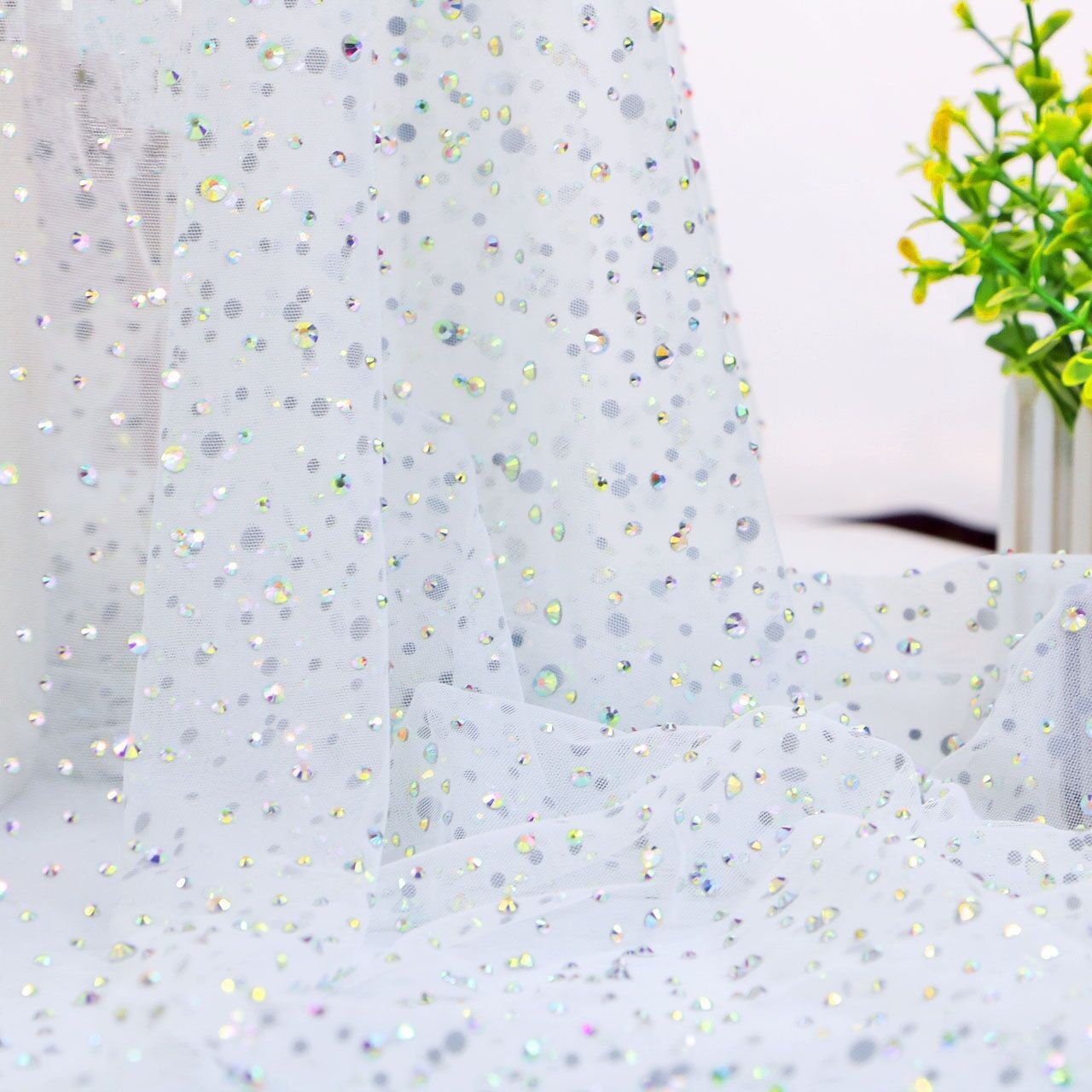 White Rhinestone Mesh Iridescent Rainbow Rhinestone Mesh Fabric,rhinestone Stick on Soft off ...