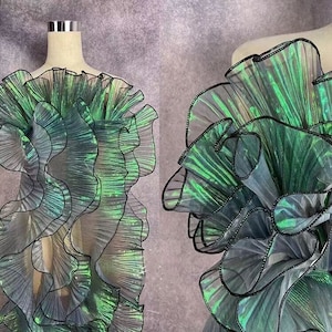3D Iridescent Green Black Organza Lotus Lace Trim,Ruffle Trim,Decoration,Lace Trim,Stiff Shape and Texture Fabric,Ruffled Lace