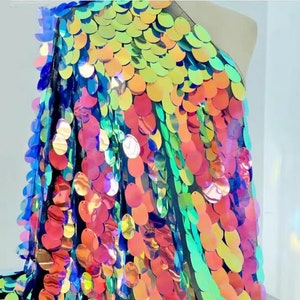 New!!1Yard Iridescent Jumbo Sequin Fabric,Dangling Drop Sequin Tear Drop sequin Fabric,Mermaid Sequin Fabric,Big Sequin on Black Mesh Fabric
