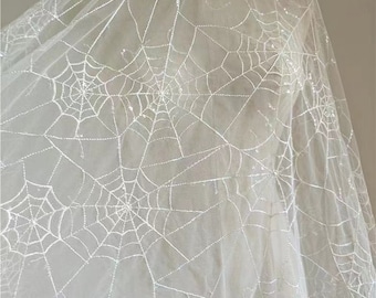 1Yard Off White Spider web Sequin Lace Fabric,Wedding Lace Fabric,Sequins Threats Embroidered in the Mesh,Wedding Bridal Dress Veil