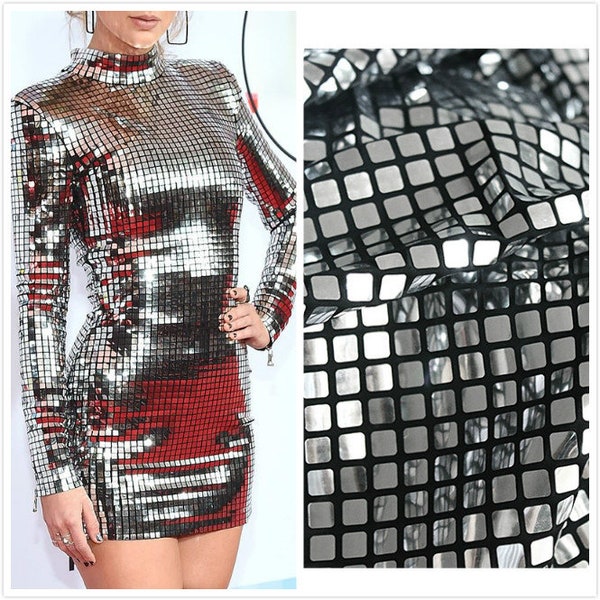 1Yard Square Silver Mirror Sequin Fabric,Sequins Were Stick on Slight 2Way Stretch Knit Fabric,Sparkle Fashion Dress Fabric,Prom party Dress