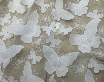 Tessuto in pizzo a farfalla 3D bianco sporco da 1 iarda, abito da sposa, ricamo floreale in cotone su rete, tessuto in pizzo francese, tessuto in pizzo per abito da sposa