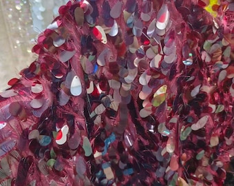 Crystal Burgundy Tear Drop Sequin Fabric,Sparkle Wine Red Mermaid Sequins Embroidery in Fringe Lace For Prom Party Bridal Dress Gown