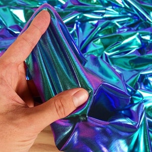 1Yard Iridescent Blue Purple Spandex Fabric,Hologram Stretch Fabric,Rainbow Foil Print on Stretch Knit,Prom Party Stage Cosplay Girl Dress