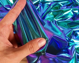 1Yard Iridescent Blue Purple Spandex Fabric,Hologram Stretch Fabric,Rainbow Foil Print on Stretch Knit,Prom Party Stage Cosplay Girl Dress