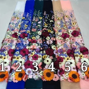 Tessuto in pizzo con fiori 3D, pizzo in tulle colorato con fiori 3D, pizzo in tulle colorato ricamato, abito da ballo, abito a fiori, abito da sposa, abito da concorso