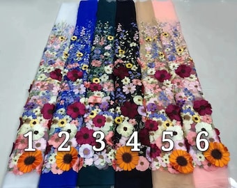 3D Flower Lace Fabric,Colorful Tulle Lace with 3D Flowers,Embroidery Colorful Tulle Lace,Prom Dress,Flower Dress,Bridal Dress,Pageant Gown