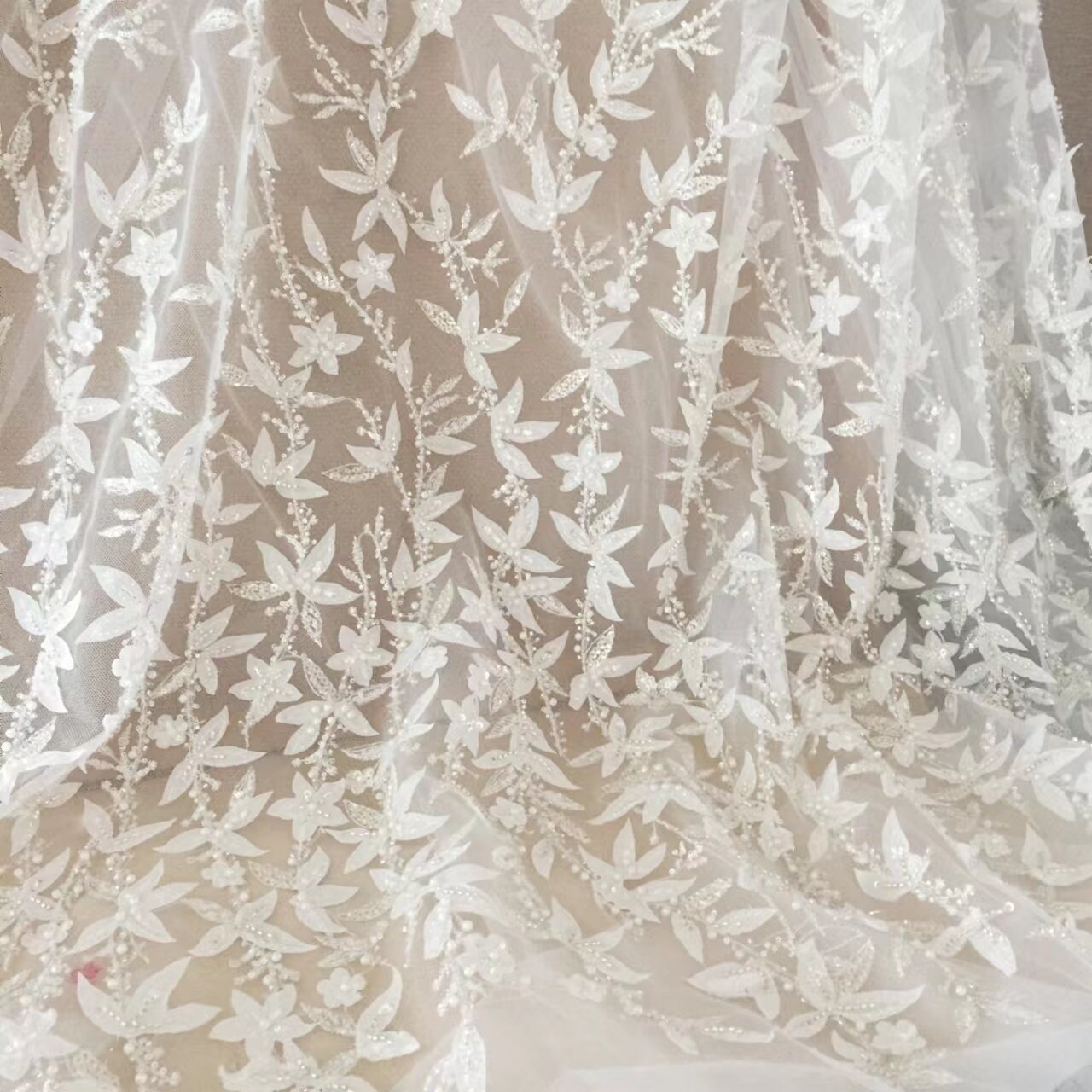 White Beaded Floral Lace Fabric By The Yard – Embroidered Sequin Lace – Divas Textiles (Width 46-59", 36"x52" Square)