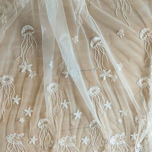 1Yard Off-White Jellyfish Lace Fabric,Soft Embroidery Starfish Flower Lace Fabric,Bridal Wedding Dress Veil Lace,Lace Curtain,Vintage Lace
