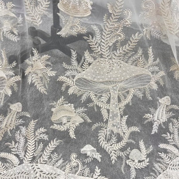 1 Yard Ivory Mushroom Lace Fabric,Heavy Embroidery Champagne Lace with Sequins,Bridal Dress,French Lace,Wedding Dress Lace,Bridal Veil Lace