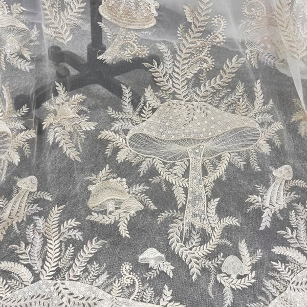 1 Yard Ivory Mushroom Lace Fabric,Heavy Embroidery Champange Lace with Sequins,Bridal Dress,French Lace,Wedding Dress Lace,Bridal Veil Lace