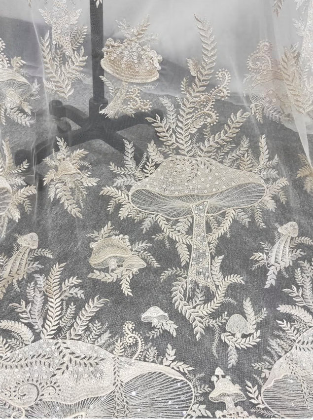 1 Yard Ivory Mushroom Lace Fabric,Heavy Embroidery Champagne Lace with Sequins,Bridal Dress,French Lace,Wedding Dress Lace,Bridal Veil Lace