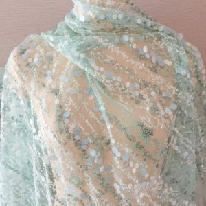 1Yard Light Green Geometry Strip Flower Sequin Fabric,4Styles Sequins Embroidery on Mesh,Prom Dress,Lace Dress,Wedding Dress,Kmino Dress
