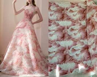 3D Ombre Pink Bead Sequin Fabric,Ribbon Embroidery 3D Wave Flower Gradient Rainbow Pearls Lace for Bridal Prom Party Dress,Girl Gown Robe