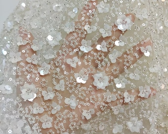 3D Flower Beaded Sequin Lace Fabric,Off White Wedding Lace,Embroidery Off White Sequins ,3D Flower Lace Fabric,Bride Robe with 3D flowers,