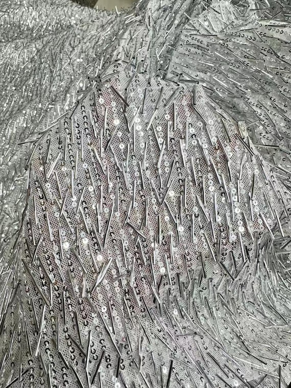 4Way Stretch Fringe Silver Sequin Fabric,Soft Embroidery 3MM Mini Round &Roll Film Sequin Lace,3D Sequin Fabric for Prom Party Bridal Dress