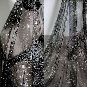 1Yard Star Moon Tulle Fabric,Stars moons&Shiny Stick on Mesh,Wedding Party Decor,DIY Supplies,Star Girl Dress,Star Mesh Fabric for Cape Veil