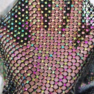 Rainbow Colorful Rhinestone Fabric,3MM Square Iridescent Rhinestone on Net Fabric,Sparkle Hollow Out Diamond Fish Net Fabric,Stretch Fabric