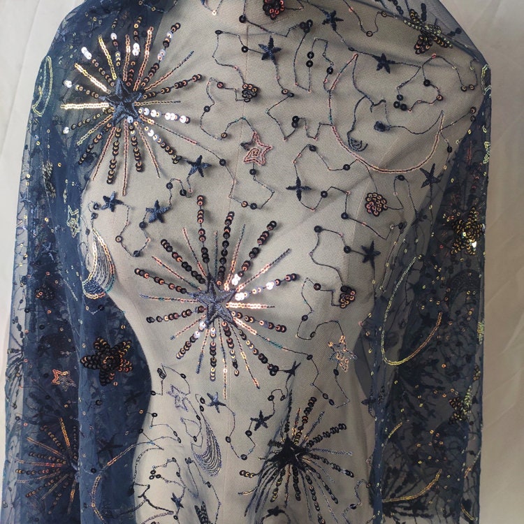 1Yard Star&Moon Sequin Fabric,Starry Fabric,Embroidery Star Tulle Fabric,Star Sequin Fabric,Prom Dress,Gatsby Dress,Bridesmaid Dress,Cape
