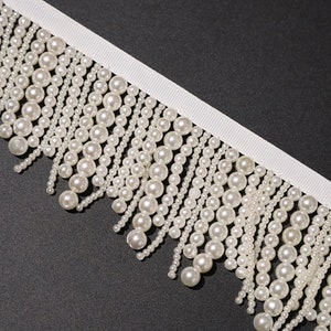 1Yard Pearls Lace Trim,Tassel Beads Lace Fabric,Bridal Dress Necklace Supplies, Pearls Lace Fabric,Fringe Wedding Lace Trim,Lace Fabric