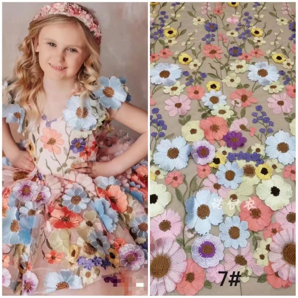 Tissu de dentelle de fleur 3D, dentelle de tulle colorée avec des fleurs 3D, dentelle de tulle colorée de broderie, robe de bal, robe de fleur, robe de mariée, robe de concours