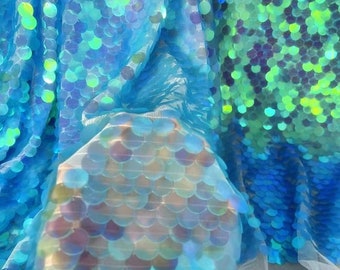 Tela de lentejuelas redonda azul iridiscente de 1 yarda, tela de lentejuelas de sirena, lentejuelas de 18MM en malla, decoración de fiesta de boda, fondo de fondo de lentejuelas
