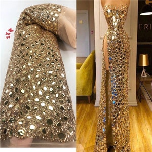 1 Yard Gold Sequin fabric,Sequin Dress Fabric,Embroidery Sequin Mesh Fabric,Prom Dresses Fabric,Mirror Sequin Fabric,Sequin Tulle Fabric